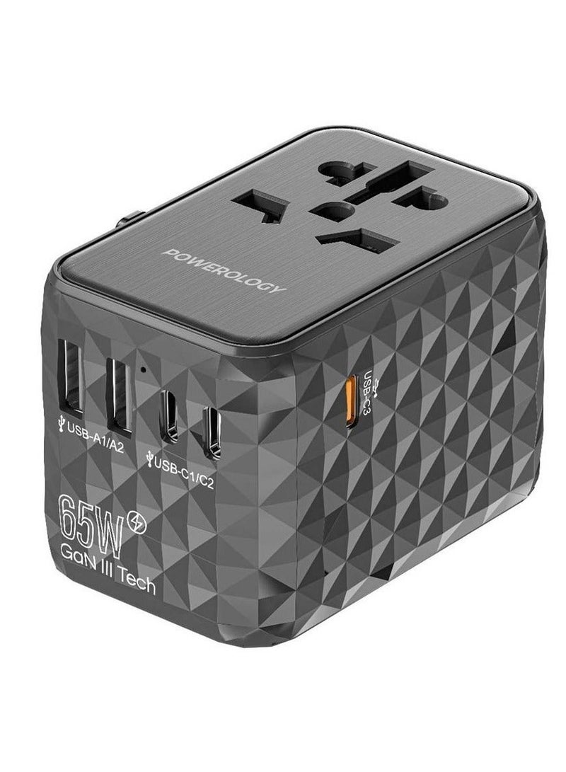 Powerology Universal Gan Travel Adapter Multi-Port 65W/ 3X Type-C/2X USB-A Ports/ Fast Charging / Quick Charging/ Secure to Use/ Anti Heating/ Latest Technology - Grey - Image 1
